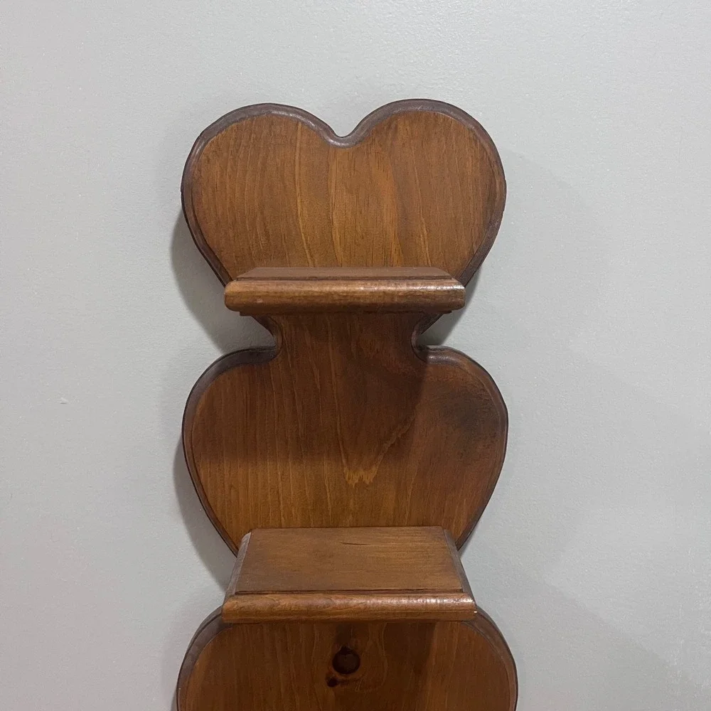 Vtg Style Rustic Wood Triple Heart Wall Shelf Farmhouse 3 Tier Display 21